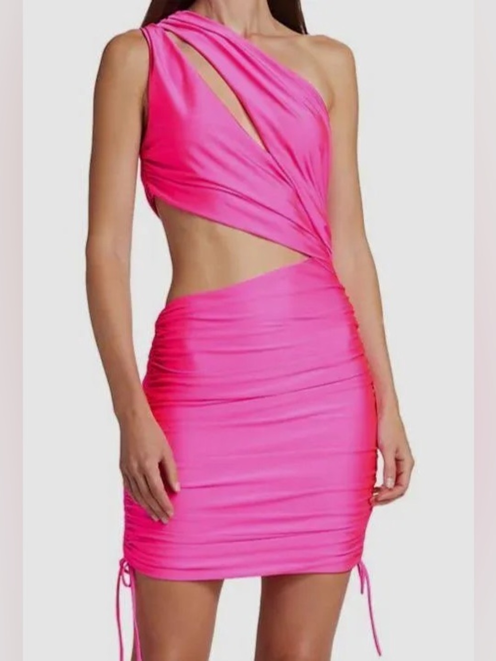 DUNDAS Neon Pink One-Shoulder Cutout Ruched Mini Dress